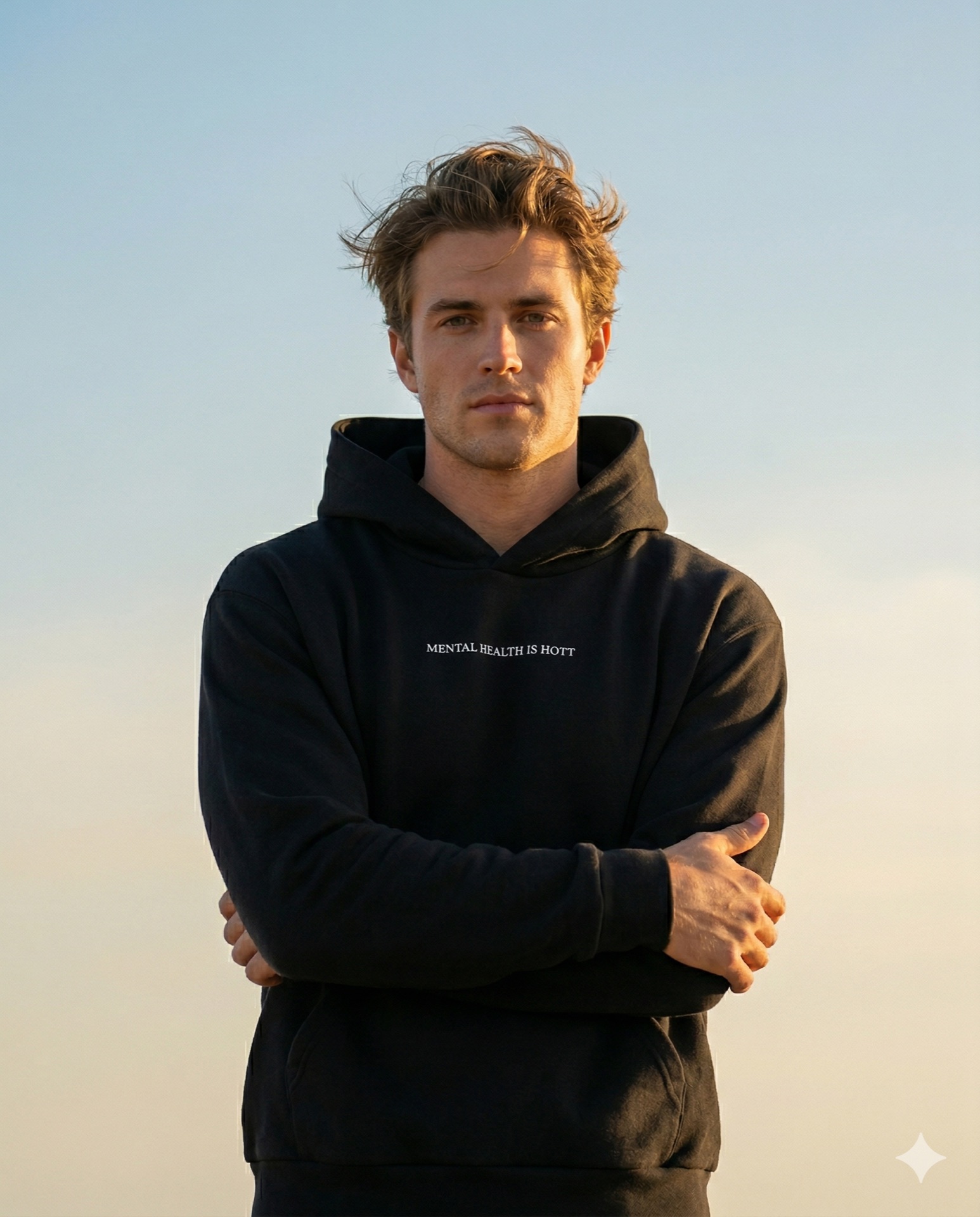Male black hoodie sunset