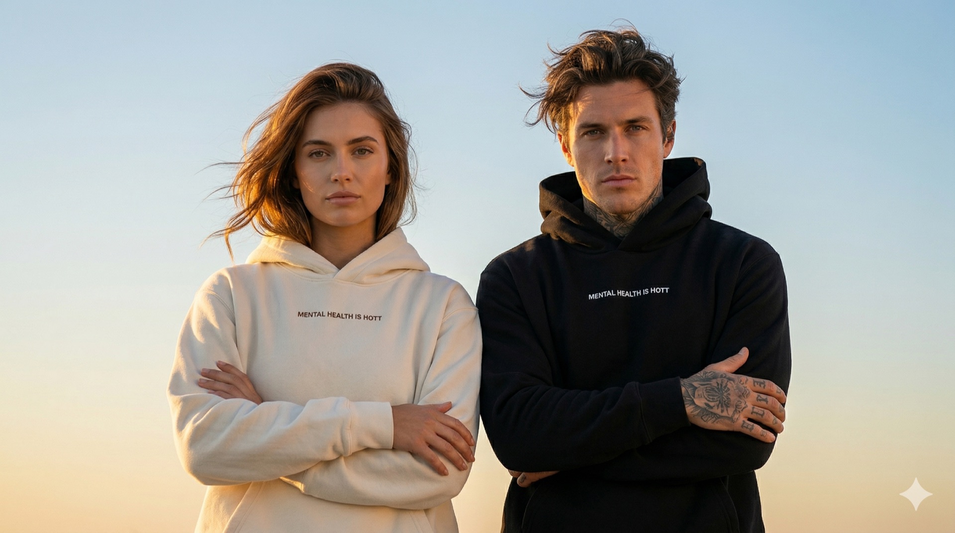 Couple sunset — cream and black, arms crossed