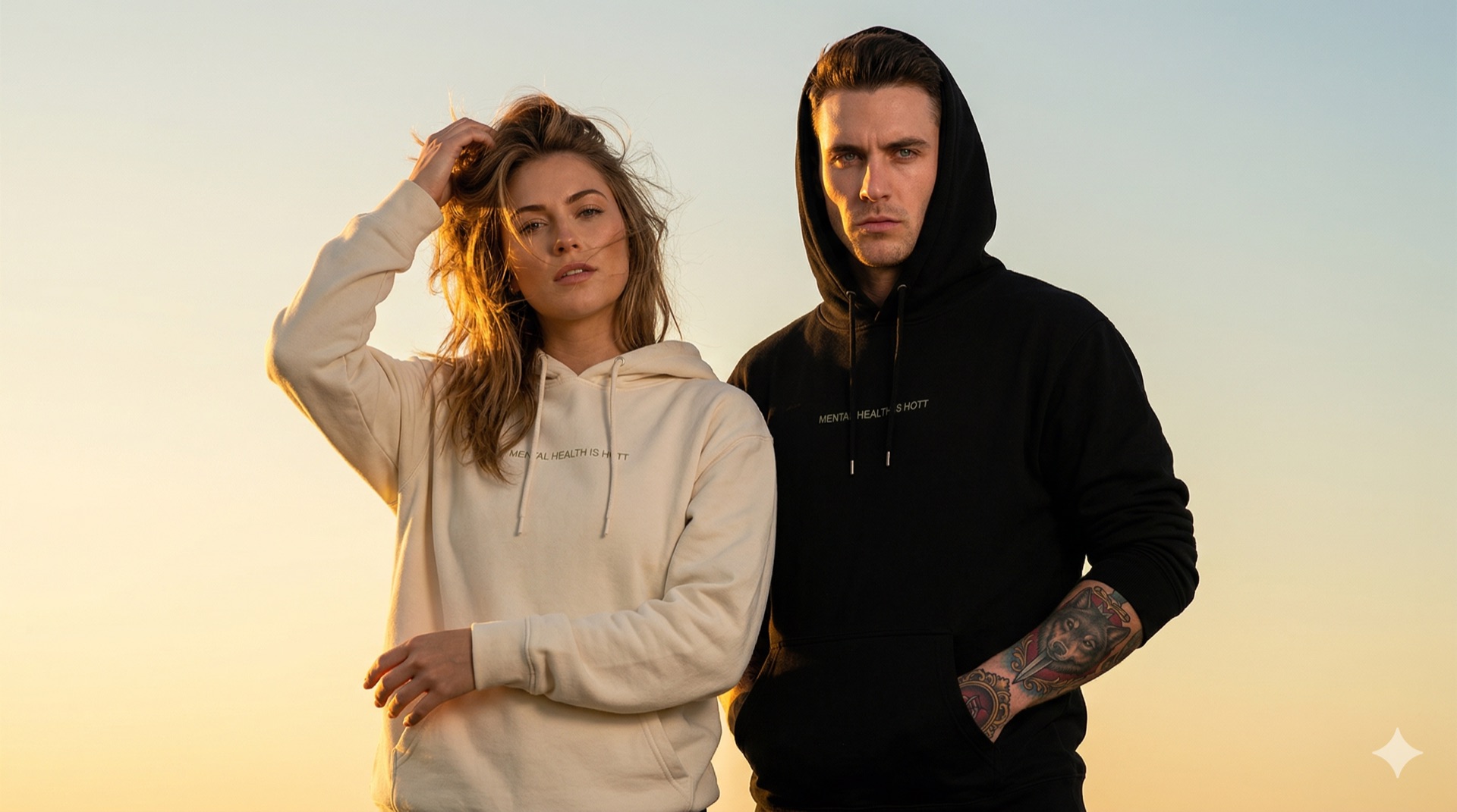 Couple sunset — she's touching hair