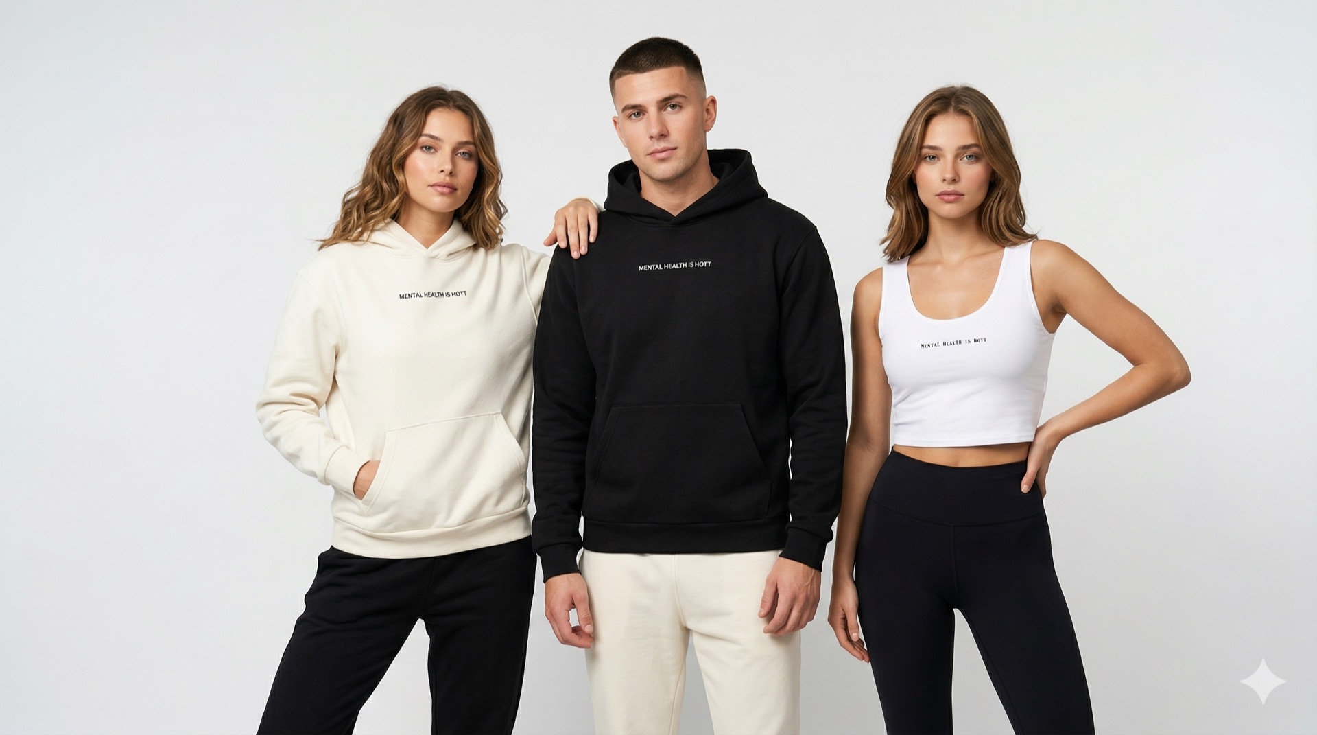 Group of 3 — cream hoodie, black hoodie, crop top